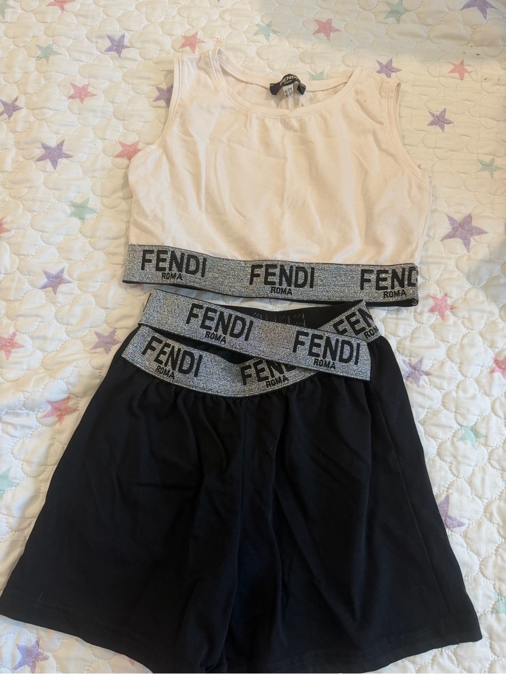 Fendi Black Shorts with Silver Logo Elastic and Cream Crop Top